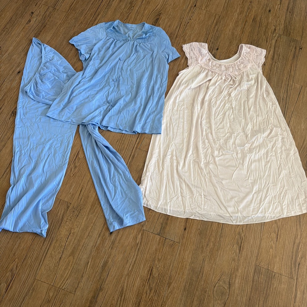 Vintage Women's Nightgown And Pants Set Pink Blue Lace Size Medium Lingerie